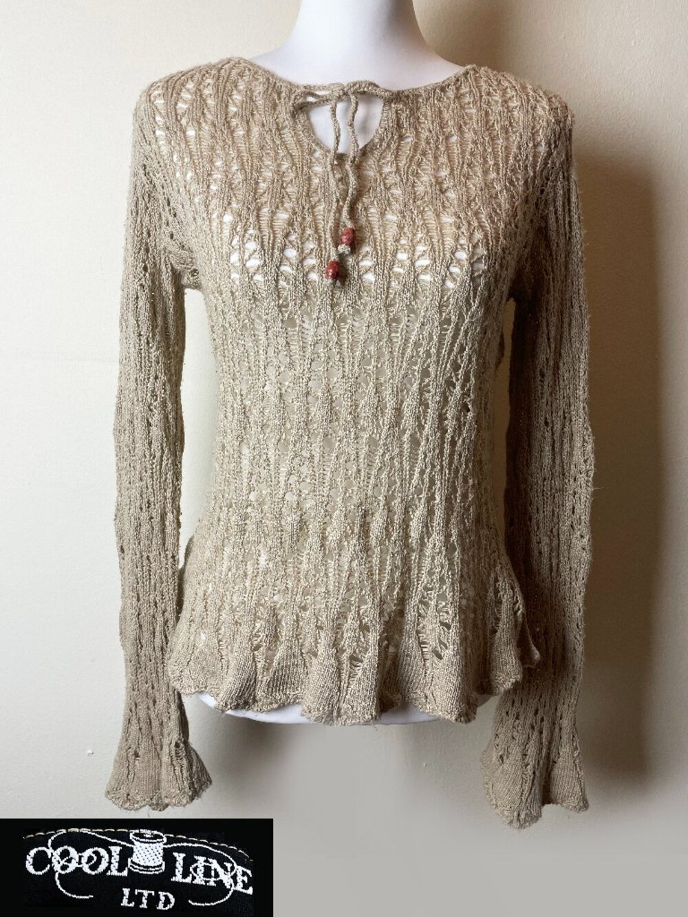 Vintage Cool Line Ltd Open Knit Crochet Top Beige Boho Bell Sleeve Size Large